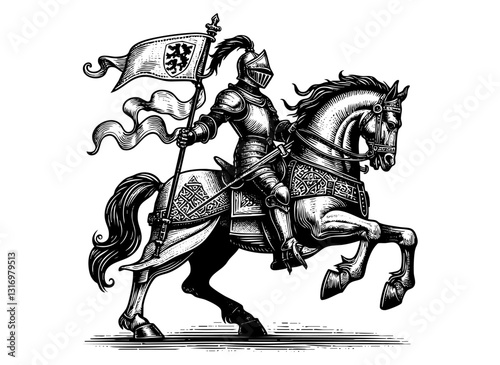 Knight ride horse sketch engraving black and white outline. Scratch board imitation.

