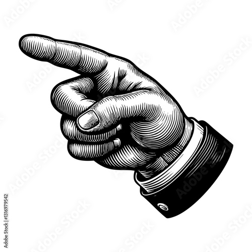 Hand pointing engraving black and white outline. Scratch board imitation.  illustrated in vintage line art style on a white background.
