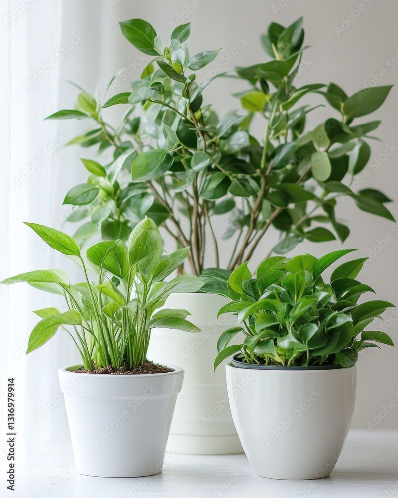 Fototapeta premium Serene indoor scene of lush green plants in white pots against a soft white background creating a peaceful and calming atmosphere