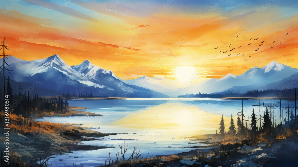 Fototapeta premium lscape blue and gold water color