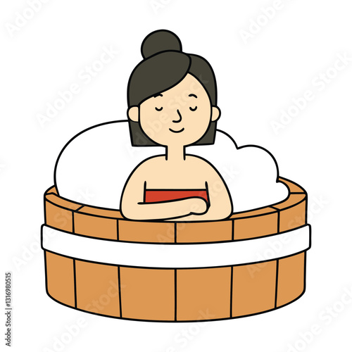 A young lady enjoys a serene moment in a sauna, surrounded by soft steam and warm wood. She relaxes, unwinding and embracing the soothing, calming atmosphere for ultimate tranquility.
