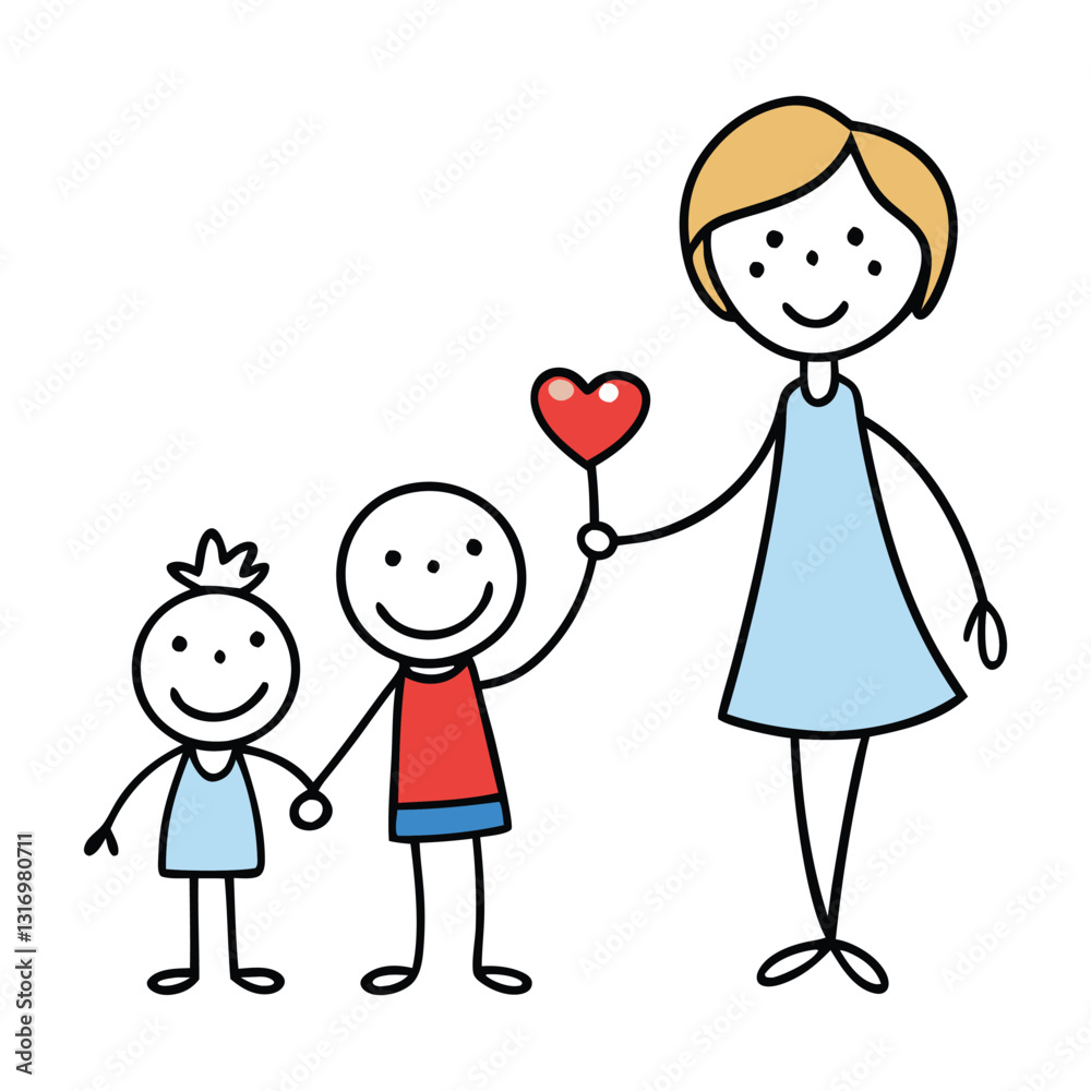 A heartwarming stick-figure family scene with a boy lovingly giving a heart to his mother, symbolizing love and affection in a simple, adorable gesture of family bond. A heartwarming stick-figure family scene with a boy lovingly giving a heart to his mother, symbolizing love and affection in a simple, adorable gesture of family bond.