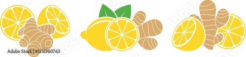 Ginger and lemon logo. Isolated ginger on white background. Lemon set