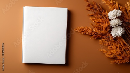 Blank White Book Cover Mockup with Dried Flowers on a Brown Background for Autumn Presentation