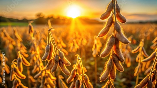 Mature soybean pods glowing in the evening sun on a soy agriculture field