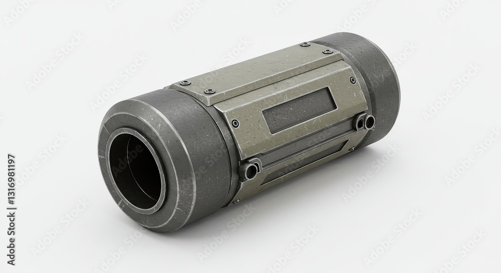 Futuristic Metallic Cylinder in High-Resolution 3D Render - Industrial Design with Realistic Textures and Details on White Background. Futuristic Metallic Cylinder in High-Resolution 3D Render - Industrial Design with Realistic Textures and Details on White Background.