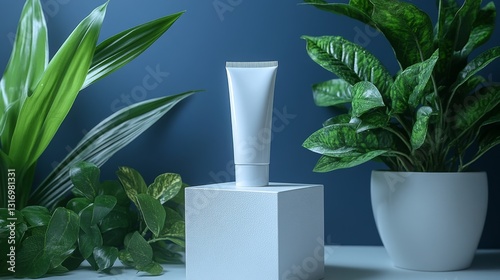 Skincare product display, plants, podium