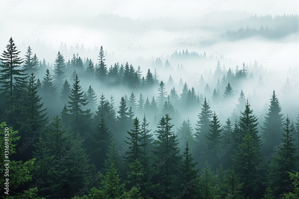 Misty Forest Landscape with Evergreen Trees. Misty Forest Landscape with Evergreen Trees.