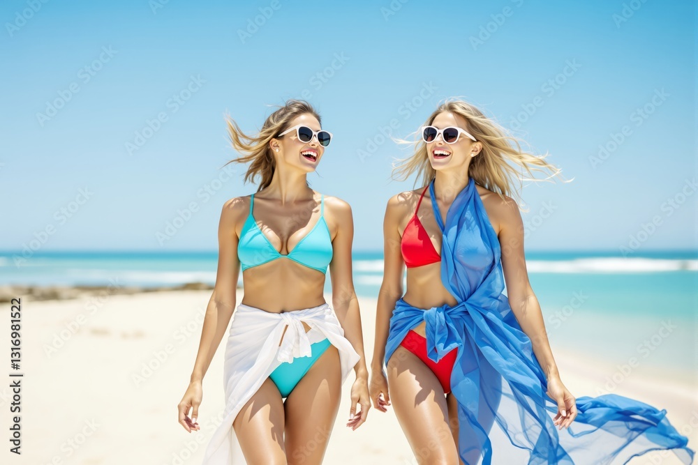 Two smiling women in bikinis walking on a sandy beach. Two smiling women in bikinis walking on a sandy beach.