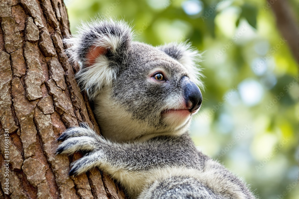 Naklejka premium Koala clinging to a tree in a forest setting.