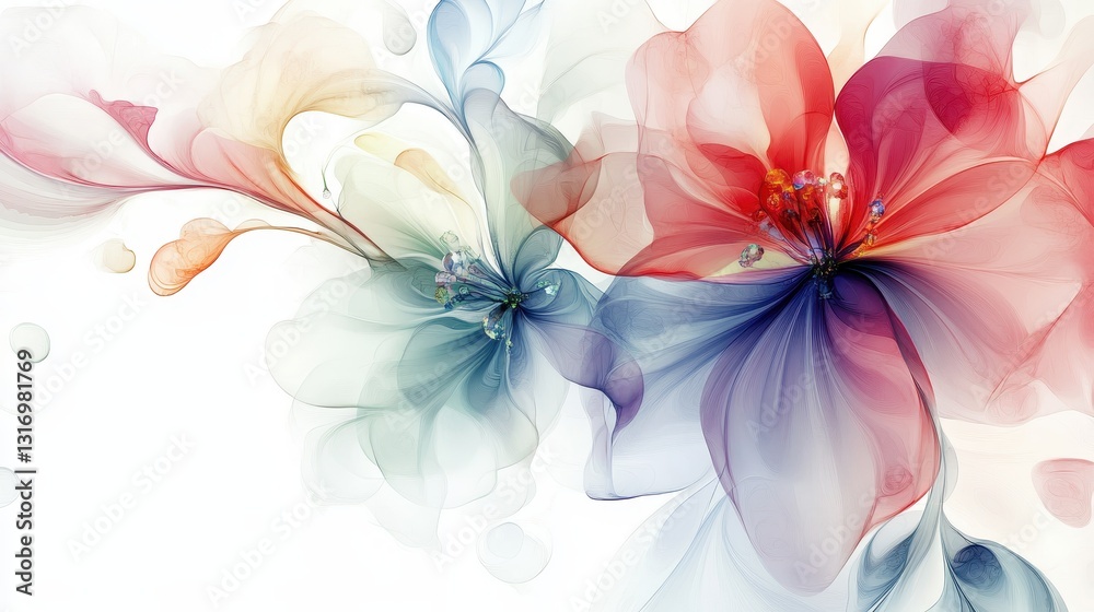 Stylized floral swirls with glass-like transparency, elegant watercolor draping, gemstone hues, plain white background Stylized floral swirls with glass-like transparency, elegant watercolor draping, gemstone hues, plain white background
