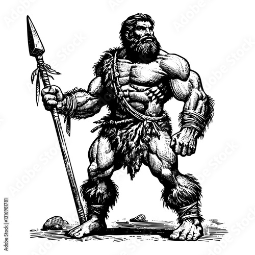 Caveman sketch engraving black and white outline. Scratch board imitation.
