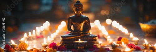 Happy Mahavir Jayanti with Lord Buddha Statue in Candlelight, Evoking a Sense of Calm and Tranquility. photo