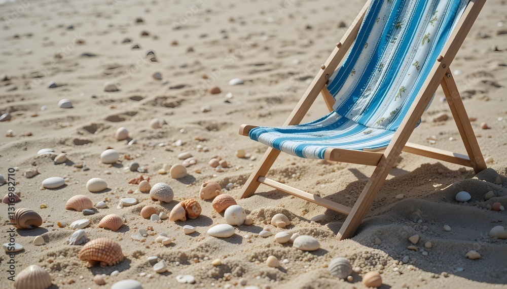Diagonal View of Beach Chair with Seashells and Coral Stones Diagonal View of Beach Chair with Seashells and Coral Stones