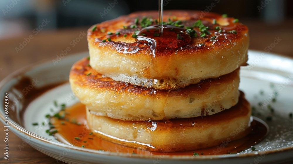 Stack of Fluffy Pancakes Drizzled with Maple Syrup and Garnished with Fresh Chives on a Rustic Plate Stack of Fluffy Pancakes Drizzled with Maple Syrup and Garnished with Fresh Chives on a Rustic Plate