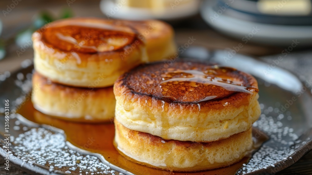 Fluffy Pancakes Drizzled with Maple Syrup on a Rustic Plate with Delicate Powdered Sugar Garnish