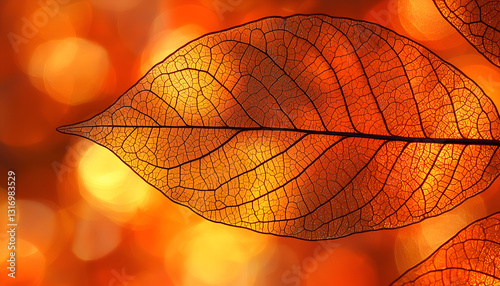 A close-up of translucent autumn leaves illuminated by warm, golden light, creating a beautiful bokeh effect in the background.