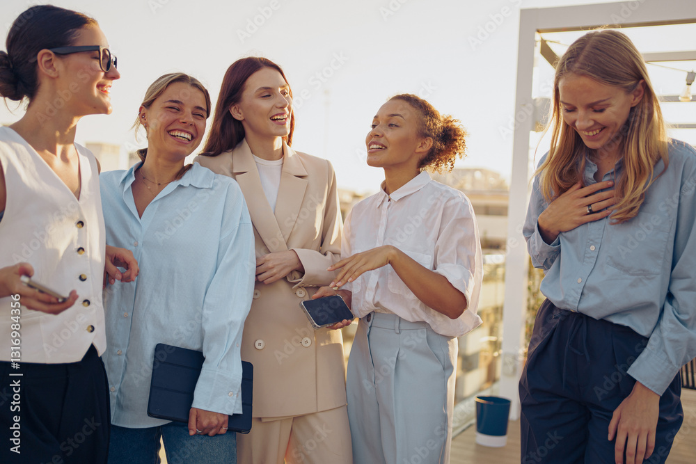 A group of fashionable and stylish women have gathered outside to enjoy a joyful moment together A group of fashionable and stylish women have gathered outside to enjoy a joyful moment together