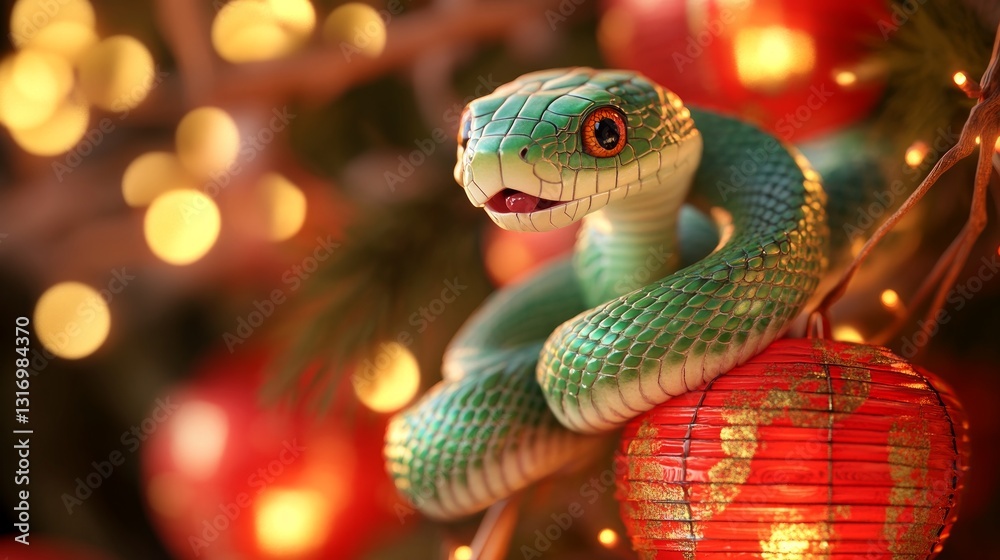 Fototapeta premium Colorful Green Snake Wrapped Around Red Lanterns with Soft Lights