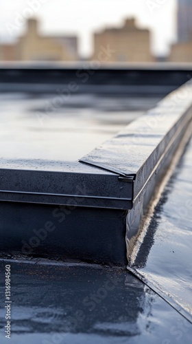 A close-up view of a sleek, modern flat rooftop with a reflective surface, capturing the serene mood of an urban setting under soft, diffuse lighting conditions.