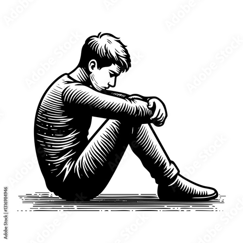 Man seated in a contemplative sad pose sketch engraving black and white outline. Scratch board imitation.  illustrated in vintage line art style on a white background.
