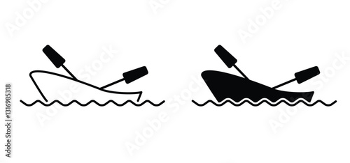 Cartoon rowing boat and paddle icon. Pleasure row boat with oars. Rowing, rower silhouette. Water transport, fishing boat.Maritime kayak boat. Water wave. rowboat for fun and holiday sports.