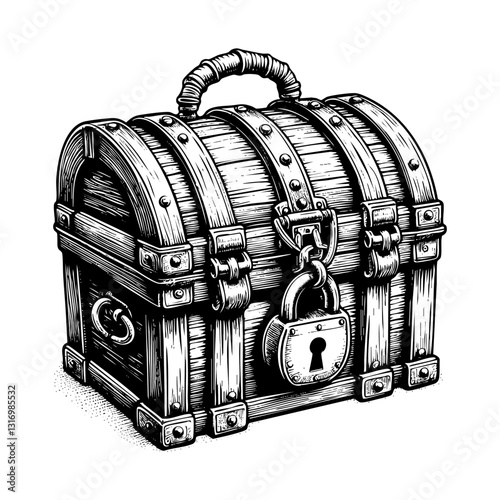 Treasure chest sketch engraving black and white outline. Scratch board imitation.
