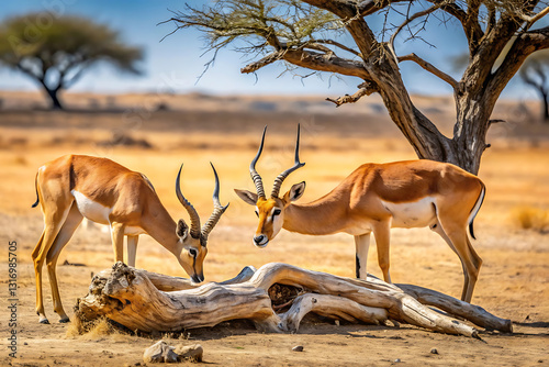 two antelope eating some foliage and dry grass near leafless old spooky tree log lying down on desert