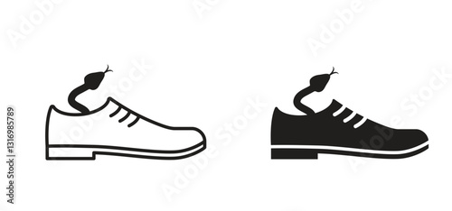 Caution check for snakes in your shoe or boot. Warning, Prohibition sign. Tropical wildlife reptiles in shoes or boots. Poisoned serpents. Reptile snake. Attention venomous snake. Beware of snakes.