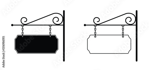Hanging signboard with chains. Front side view. Outdoor hanging shop sign board. Blank hotel, shop or store vintage. Ornate signs post with copyspace. Ornamental corners, decoration, retro style.