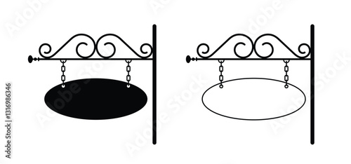 Hanging signboard with chains. Front side view. Outdoor hanging shop sign board. Blank hotel, shop or store vintage. Ornate signs post with copyspace. Ornamental corners, decoration, retro style.