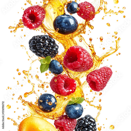 Mixed Berries Swirling in Mid Air with Vibrant Juice Isolated on Transparent Background