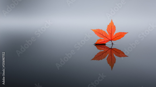 A vibrant red maple leaf floats serenely on calm water, reflecting its beauty in a tranquil setting, evoking a sense of peace and nature.