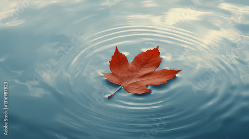 A vibrant red leaf floats peacefully on water, creating ripples that reflect the tranquil sky above.