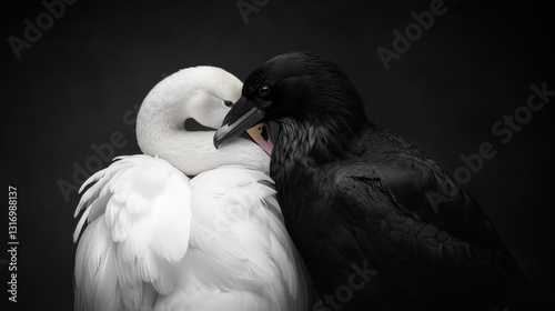 Fototapeta Naklejka Na Ścianę i Meble -  A graceful white swan entwined with a black raven, their beaks almost touching, symbolizing harmony and contrast