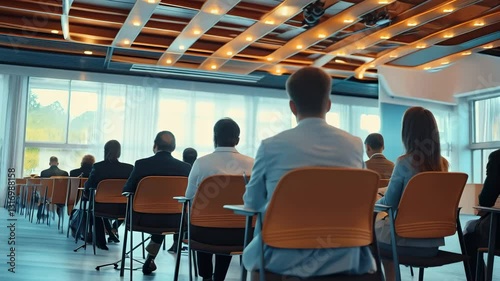 Group of professionals attending a conference in a modern conference room with bright lighting and large windows