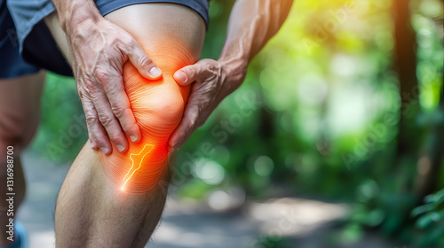 A person is holding their knee, indicating pain, while standing in a green, outdoor setting, suggesting an active lifestyle and potential injury.