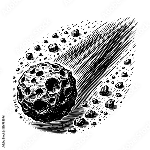 Meteor sketch engraving black and white outline. Scratch board imitation. illustrated in vintage line art style on a white background.
