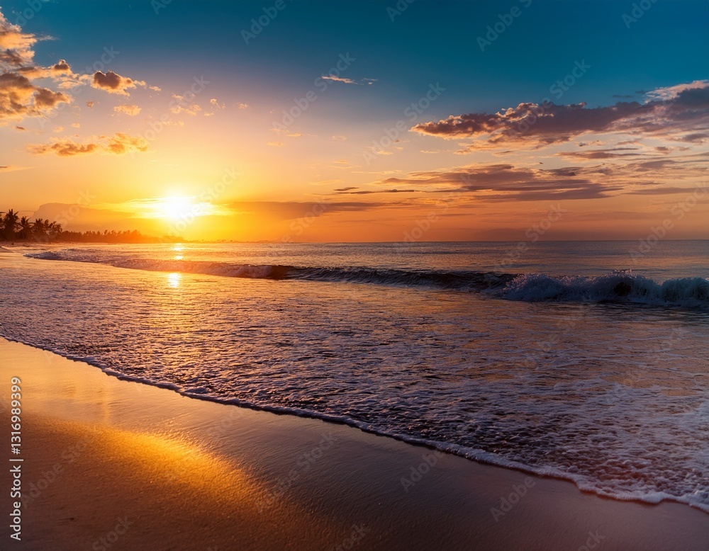 Obraz premium Puesta de sol en una playa paradisiaca