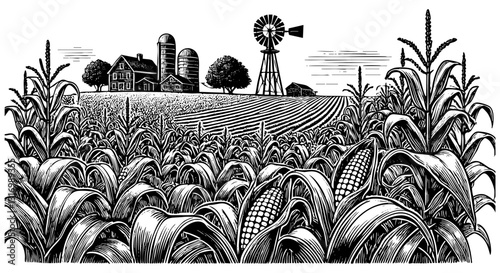 Corn farm sketch engraving black and white outline. Scratch board imitation.  illustrated in vintage line art style on a white background.
