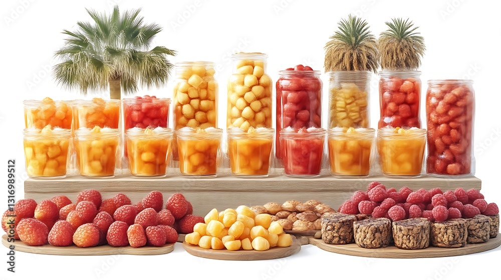 Various fruits and snacks displayed in a visually appealing arrangement on a white background Various fruits and snacks displayed in a visually appealing arrangement on a white background
