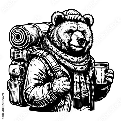 Bear carry hiking backpack sketch engraving black and white outline. Scratch board imitation.  illustrated in vintage line art style on a white background.
