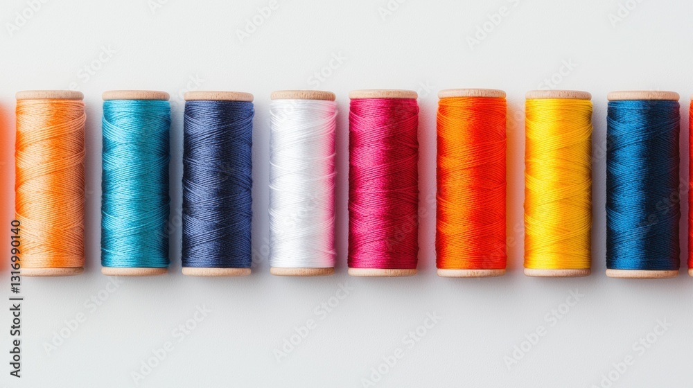 Colorful spools of thread alignment on white background Colorful spools of thread alignment on white background