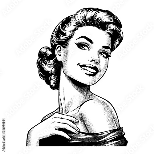 Pin-up girl smile over shoulder sketch engraving black and white outline. Scratch board imitation.  illustrated in vintage line art style on a white background.
