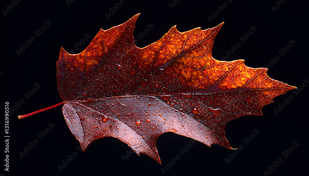 Naklejka premium A vibrant autumn leaf with intricate details, showcasing rich hues of red and orange against a dark background.