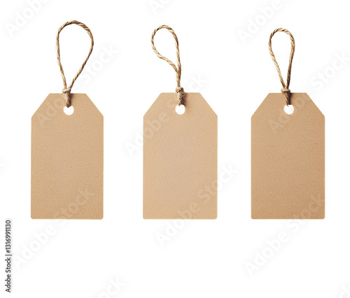  3 blank brown tag label with string isolated on transparent background cutout PNG file, png format 