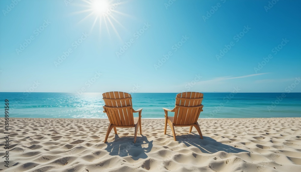 Diagonal Composition of Sand, Sea, and Wooden Chairs at Midday