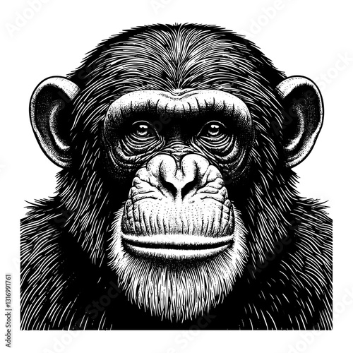Chimpanzee sketch engraving black and white outline. Scratch board imitation.
