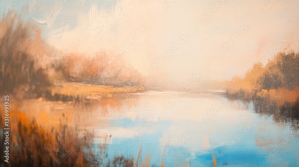 Serene landscape painting of a calm lake reflecting a hazy sky and autumnal trees. Serene landscape painting of a calm lake reflecting a hazy sky and autumnal trees.