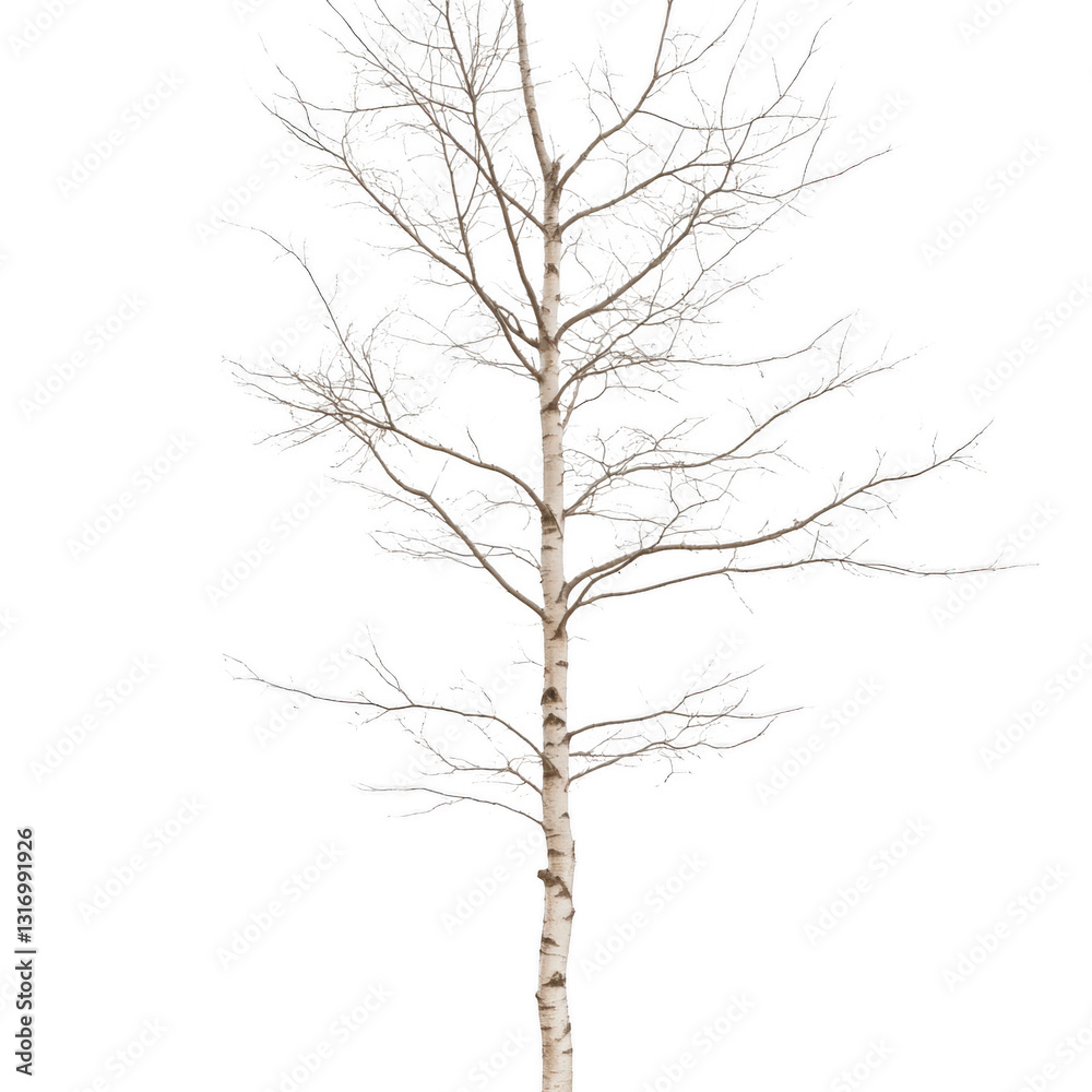 Fototapeta premium A tall, bare tree stands alone on a white background. The tree is bare and has no leaves, giving it a sense of loneliness and emptiness. The white background emphasizes the tree's starkness